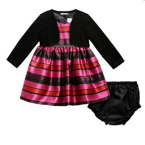 NEW YOUNGLAND Baby  3 Pcs Holiday dress Jacket Shrug Pink stripe Black 1…